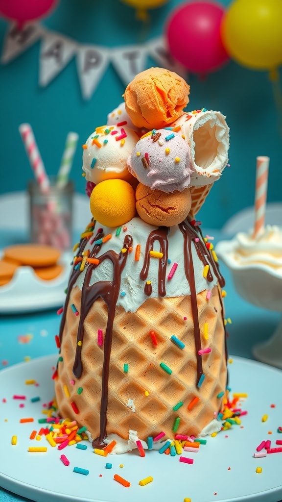 Ice Cream Cone Dress Recipe A creative ice cream cone dress dessert with cake base, ice cream, sprinkles, and fruits.